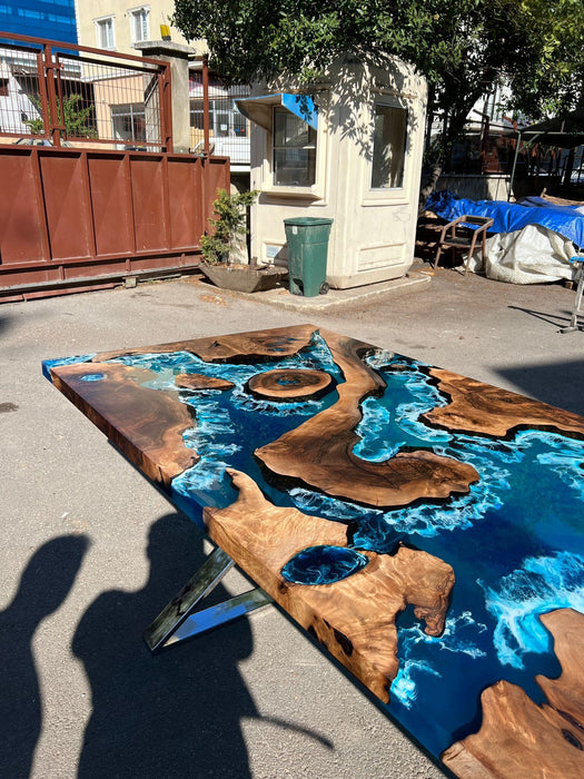 Walnut Dining Table, Live Edge Table, Custom 96” x 40” Walnut Blue Table, Turquoise Green Epoxy Table, Epoxy Dining Table, for Charlotte2