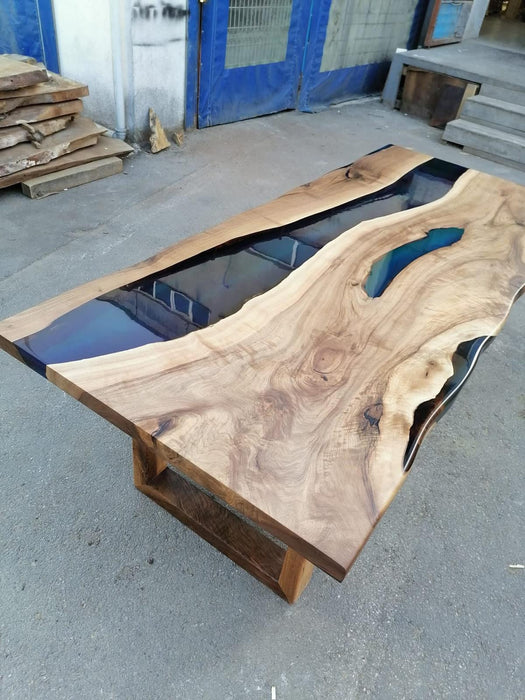 Handmade Epoxy Table, Custom 86” x 36” Walnut Blue Epoxy Table, River Dining Bench, Live Edge Table, River Table, Custom  Order for Ksenia