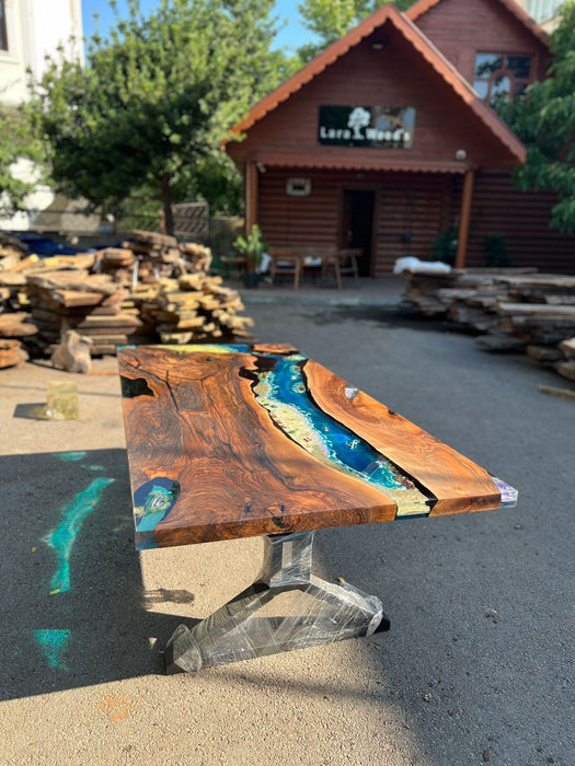 Custom 79” x 38” Walnut Dark Blue, Turquoise and White Swirls Ocean Aquarium Epoxy Dining Table