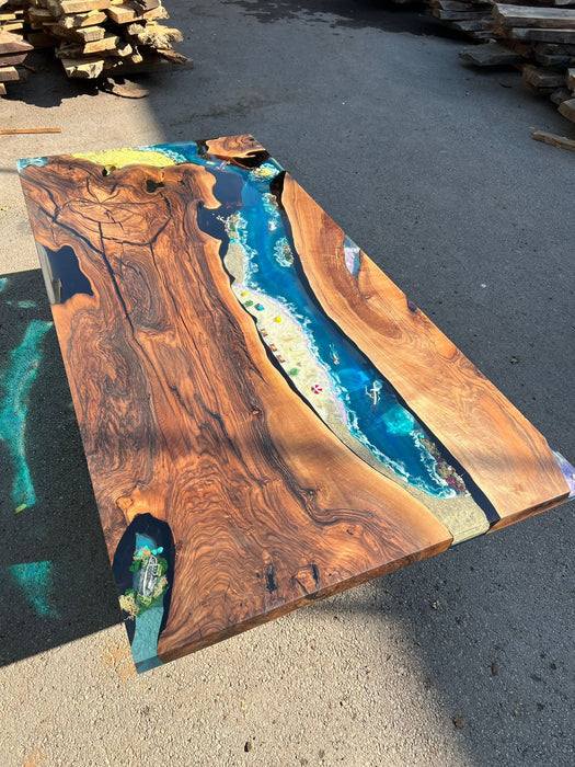 Custom 79” x 38” Walnut Dark Blue, Turquoise and White Swirls Ocean Aquarium Epoxy Dining Table