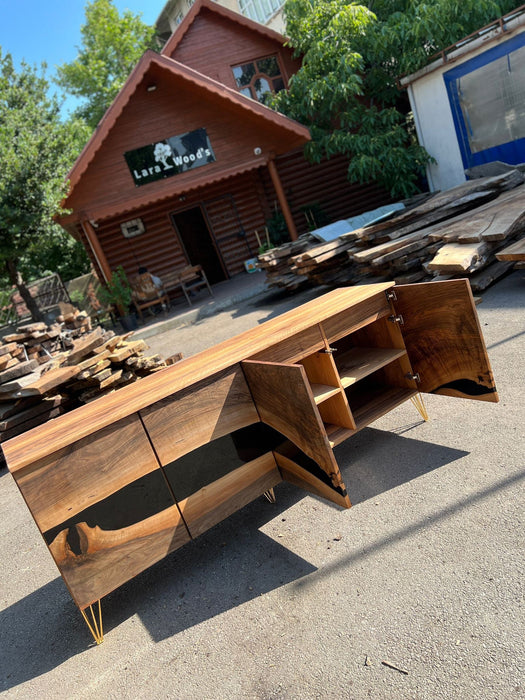 Black Epoxy Resin Credenza, Custom 82”L x 20”D x 36”H Walnut Credenza, Wood Credenza, Walnut Epoxy Credenza Order for Hope