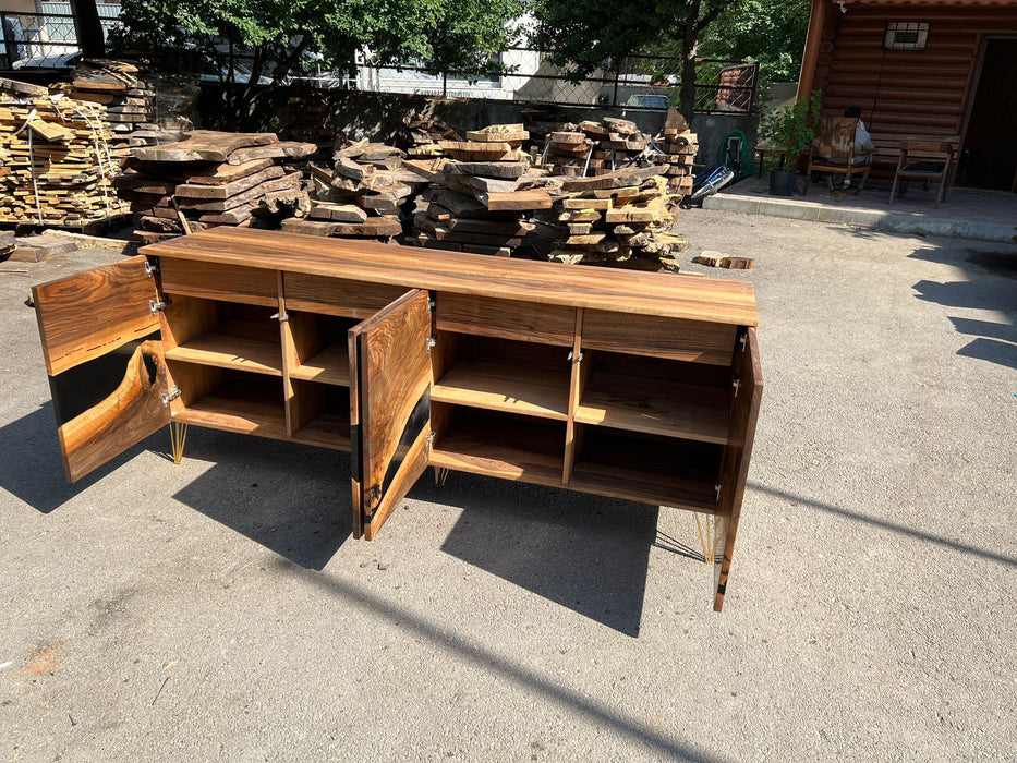 Black Epoxy Resin Credenza, Custom 82”L x 20”D x 36”H Walnut Credenza, Wood Credenza, Walnut Epoxy Credenza Order for Hope