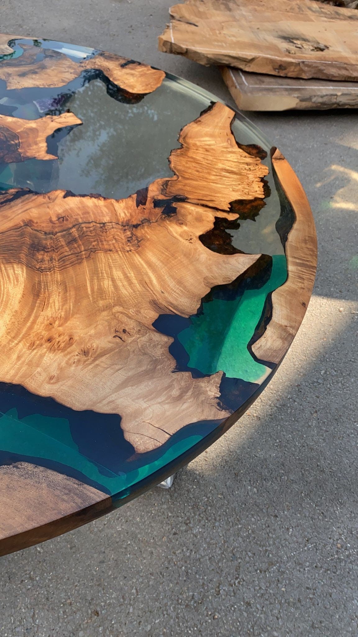 Epoxy Table, Epoxy Dining Table, Walnut Epoxy Round Dining Table, Custom 42” Round Walnut Wood Clear and Green Epoxy Table Order for Katie