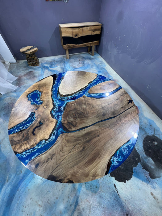 Epoxy Resin Table, Live Edge Table, Custom 72" Round Walnut sky blue/powder blue Table, Epoxy Dining Table Order for Ronald T