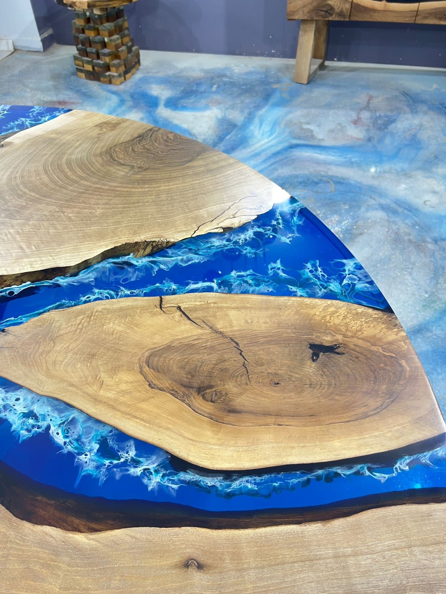 Epoxy Resin Table, Live Edge Table, Custom 72" Round Walnut sky blue/powder blue Table, Epoxy Dining Table Order for Ronald T