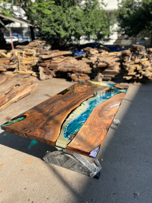 Custom 79” x 38” Walnut Dark Blue, Turquoise and White Swirls Ocean Aquarium Epoxy Dining Table