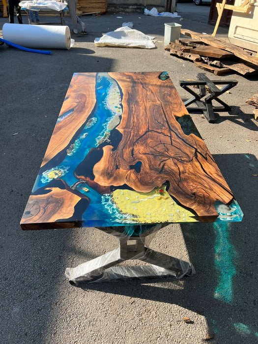 Custom 79” x 38” Walnut Dark Blue, Turquoise and White Swirls Ocean Aquarium Epoxy Dining Table