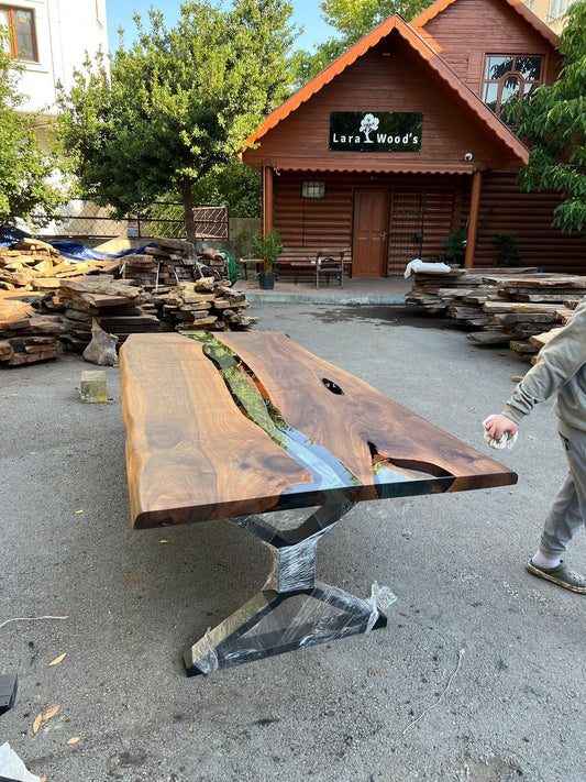 Epoxy Table, Epoxy Dining Table, Walnut Epoxy River Table, Custom 109” x 48” Walnut Clear Epoxy River Table Order for Ryan