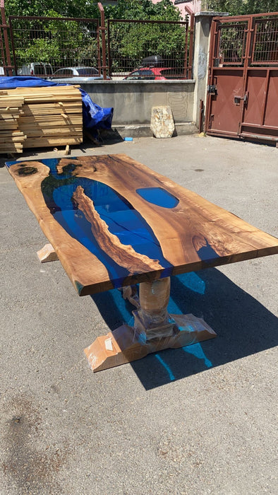 Handmade Epoxy Table, Epoxy Table, Epoxy Dining Table, Custom 84” x 42” Walnut Transparent Sky Blue Dining Table, Custom Order for Brian P