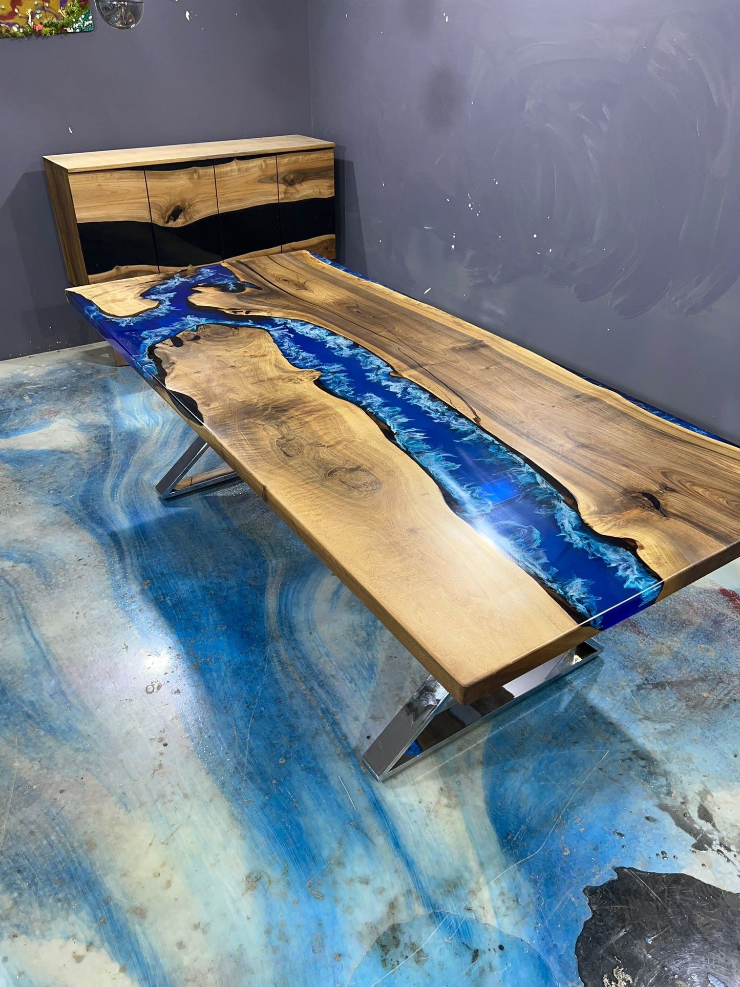 Walnut Dining Table, Custom 96” x 42” Walnut Ocean Blue, Turquoise White Waves Epoxy Table, River Dining Table, Custom Order for William S