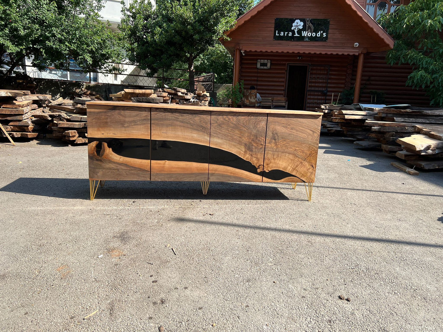 Black Epoxy Resin Credenza, Custom 82”L x 20”D x 36”H Walnut Credenza, Wood Credenza, Walnut Epoxy Credenza Order for Hope