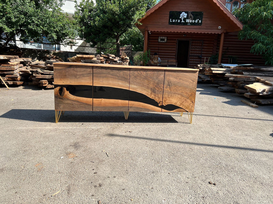 Black Epoxy Resin Credenza, Custom 82”L x 20”D x 36”H Walnut Credenza, Wood Credenza, Walnut Epoxy Credenza Order for Hope