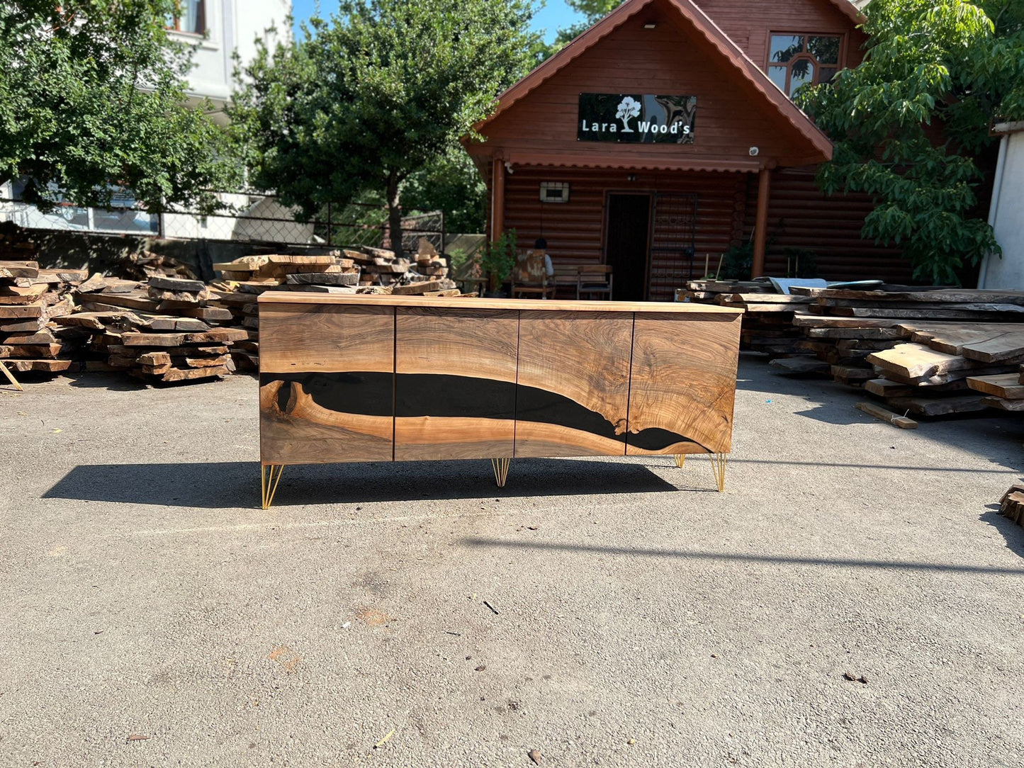 Black Epoxy Resin Credenza, Custom 82”L x 20”D x 36”H Walnut Credenza, Wood Credenza, Walnut Epoxy Credenza Order for Hope