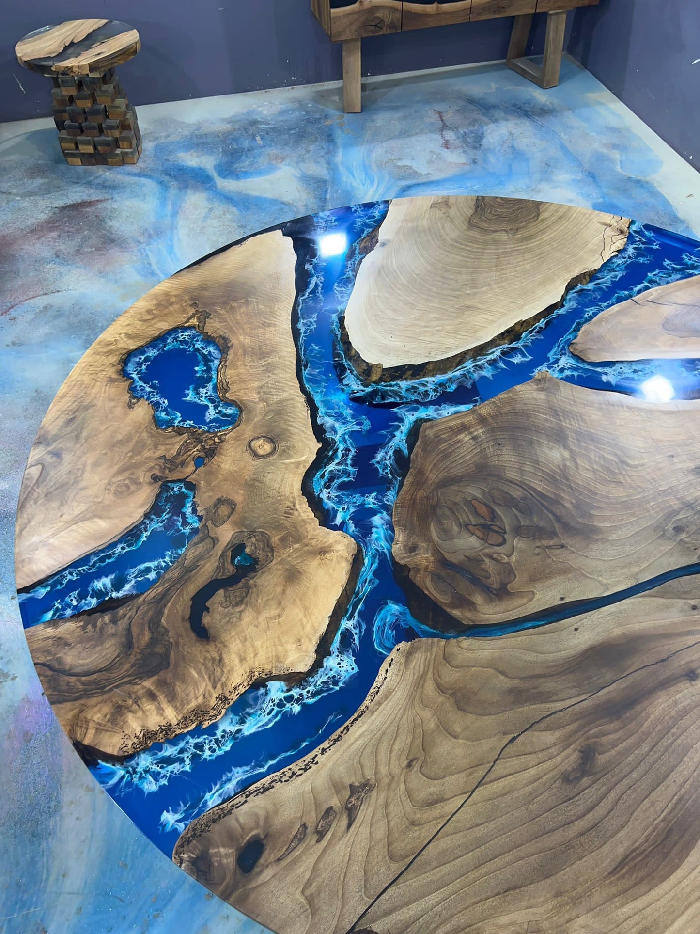 Epoxy Resin Table, Live Edge Table, Custom 72" Round Walnut sky blue/powder blue Table, Epoxy Dining Table Order for Ronald T