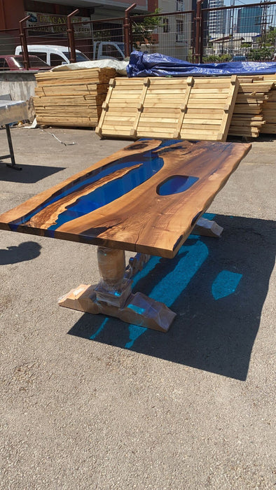 Handmade Epoxy Table, Epoxy Table, Epoxy Dining Table, Custom 84” x 42” Walnut Transparent Sky Blue Dining Table, Custom Order for Brian P