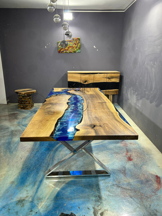 Walnut Dining Table, Custom 96” x 42” Walnut Ocean Blue, Turquoise White Waves Epoxy Table, River Dining Table, Custom Order for William S