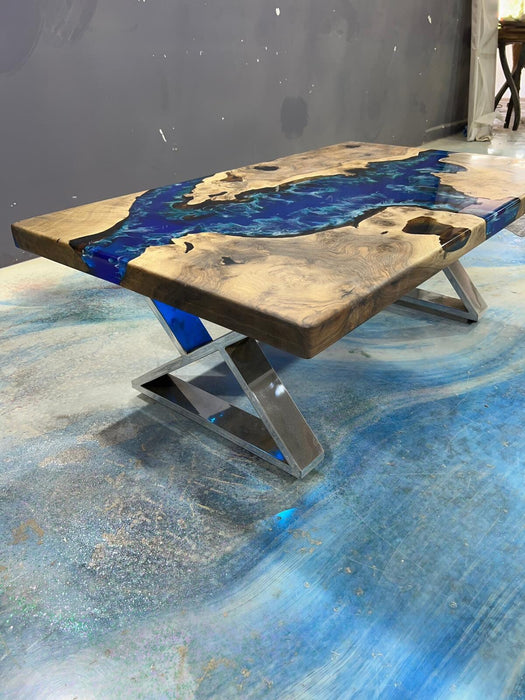 Walnut Dining Table, Custom 48” x 30” Walnut Ocean Blue, Turquoise White Waves Epoxy Table, River Dining Table, Custom Order for Bryan W
