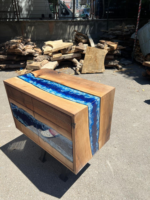 Custom 32” x 24” x 18” Epoxy Nightstand , Walnut Blue Epoxy Resin Cabinet, Custom Made Epoxy Furniture, Blue River Nightstand for Noah