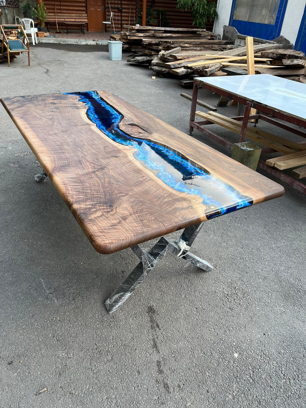 Epoxy Dining Table, Custom 96” x 40” Walnut Blue, Turquoise, Green Table, Live Edge Table, Epoxy Conference Table, River Table, for Pat