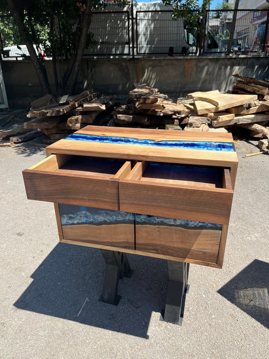 Custom 32” x 24” x 18” Epoxy Nightstand , Walnut Blue Epoxy Resin Cabinet, Custom Made Epoxy Furniture, Blue River Nightstand for Noah