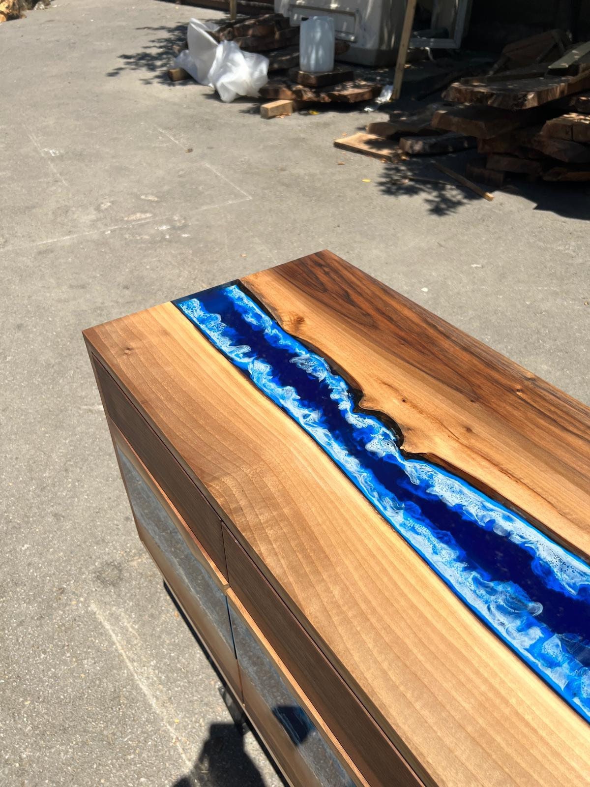 Custom 32” x 24” x 18” Epoxy Nightstand , Walnut Blue Epoxy Resin Cabinet, Custom Made Epoxy Furniture, Blue River Nightstand for Noah