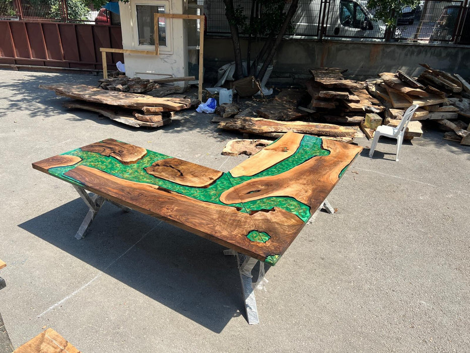 River L Shape Table, Custom 96” x 96” x 30” Walnut Wood Mostly Green River with Gold or Yellow mixed Epoxy Office Desk Order for Aaron