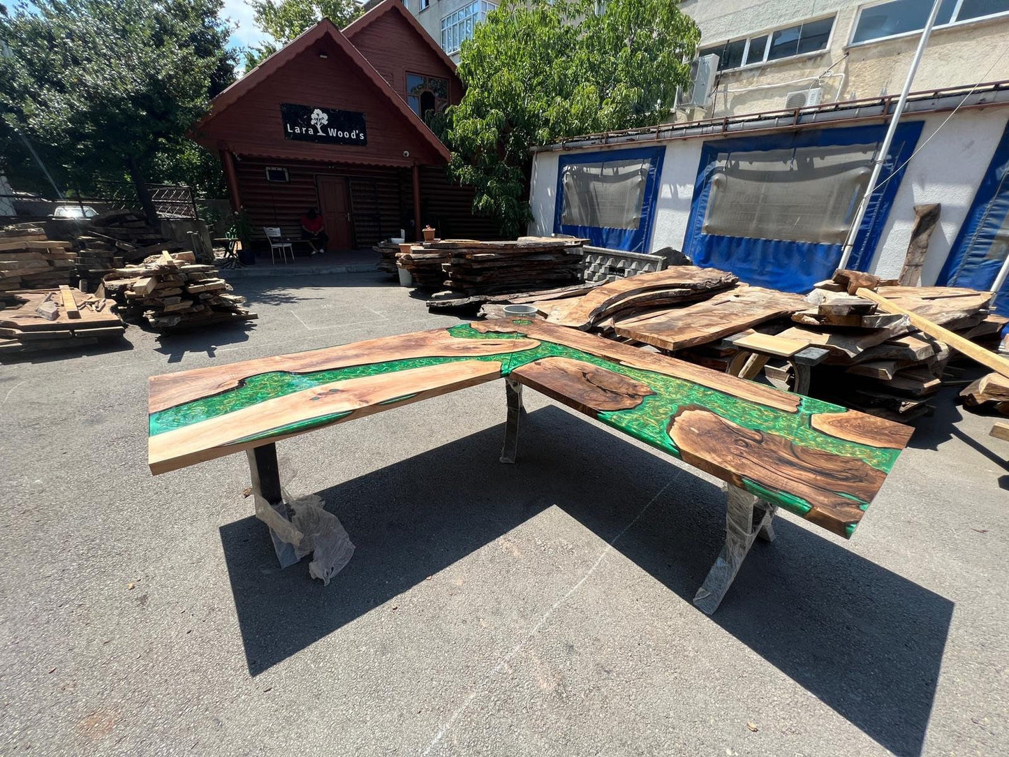 River L Shape Table, Custom 96” x 96” x 30” Walnut Wood Mostly Green River with Gold or Yellow mixed Epoxy Office Desk Order for Aaron