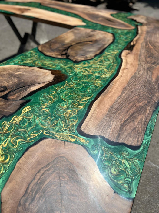 River L Shape Table, Custom 96” x 96” x 30” Walnut Wood Mostly Green River with Gold or Yellow mixed Epoxy Office Desk Order for Aaron