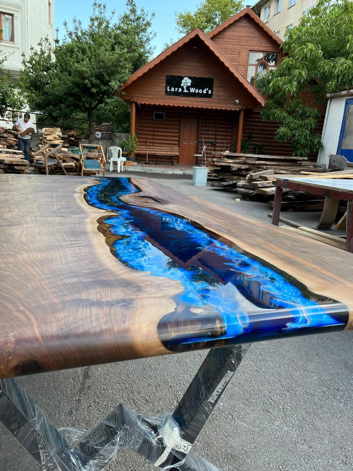 Epoxy Dining Table, Custom 96” x 40” Walnut Blue, Turquoise, Green Table, Live Edge Table, Epoxy Conference Table, River Table, for Pat