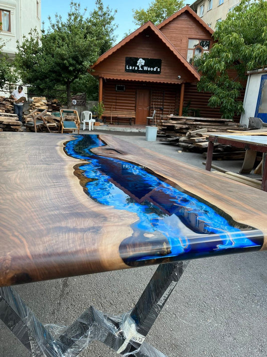 Epoxy Dining Table, Custom 96” x 40” Walnut Blue, Turquoise, Green Table, Live Edge Table, Epoxy Conference Table, River Table, for Pat