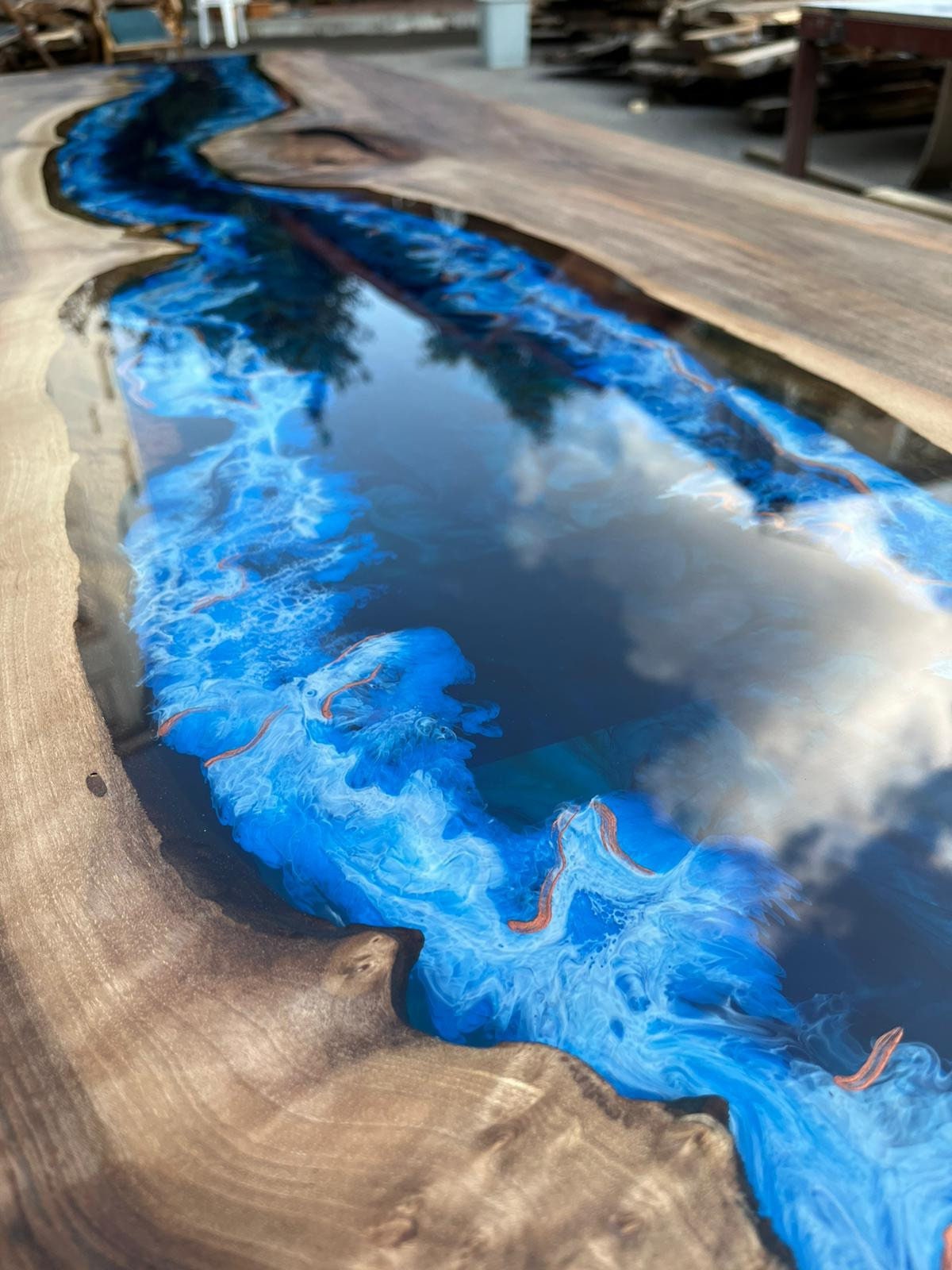 Epoxy Dining Table, Custom 96” x 40” Walnut Blue, Turquoise, Green Table, Live Edge Table, Epoxy Conference Table, River Table, for Pat