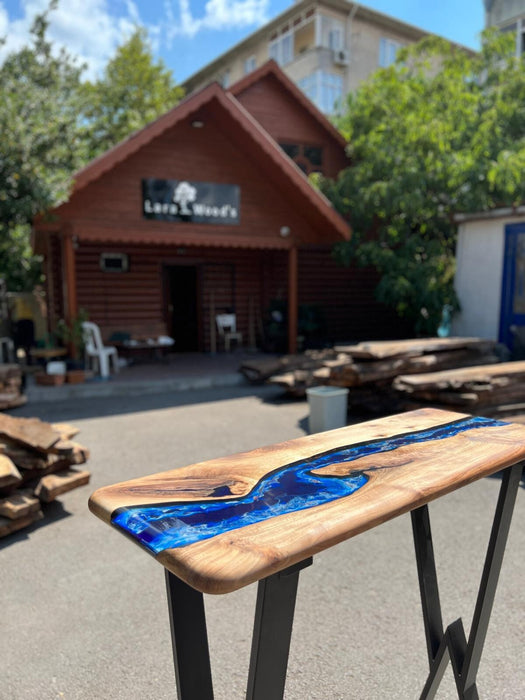 Epoxy Dining Table, Custom 50” x 18” Walnut Blue, Turquoise, Green Console Table, Live Edge Table, Epoxy Console Table, River Table, for Pat