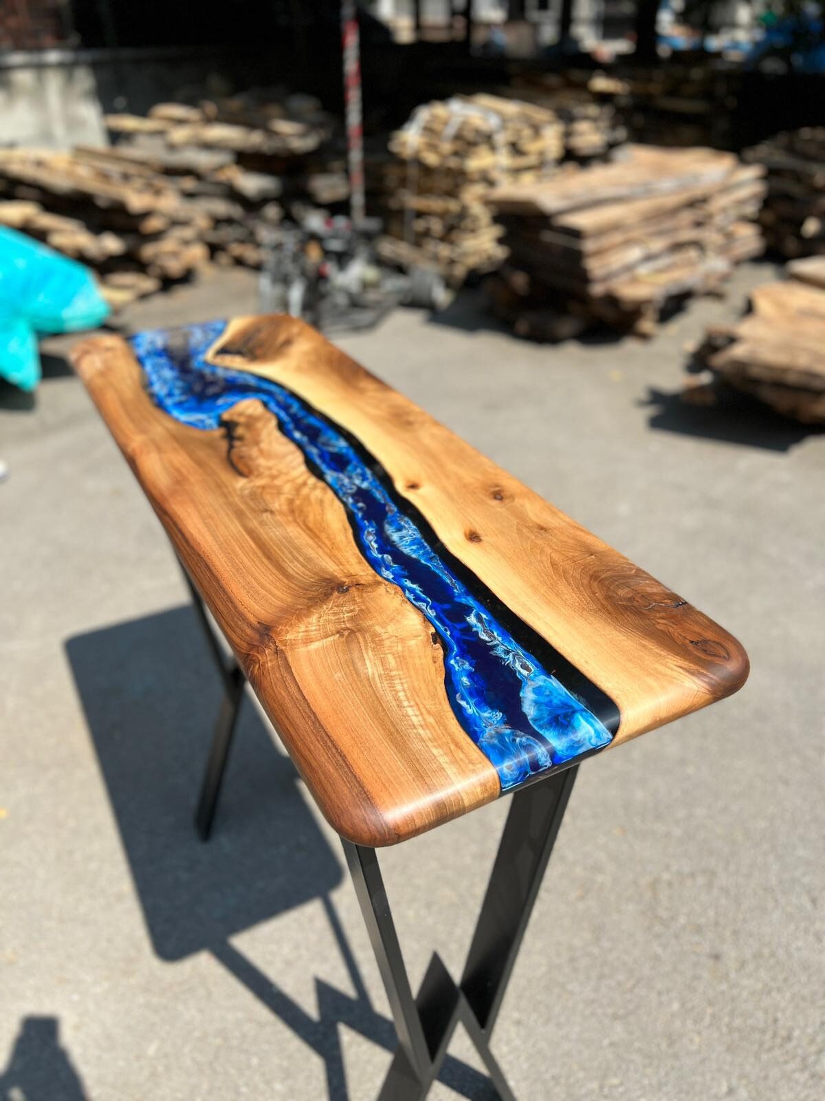 Epoxy Dining Table, Custom 50” x 18” Walnut Blue, Turquoise, Green Console Table, Live Edge Table, Epoxy Console Table, River Table, for Pat