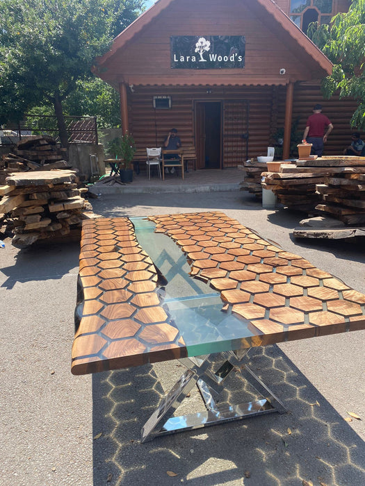 Custom 84” x 48” Walnut Clear Epoxy Table, Hexagon Honeycomb Table, Clear Resin Walnut Table, Handmade Epoxy Table, Unique Table for Cianna