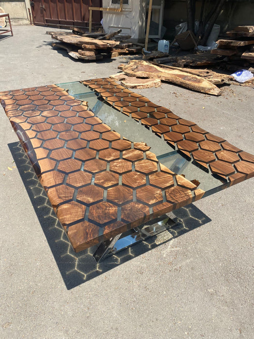 Custom 84” x 48” Walnut Clear Epoxy Table, Hexagon Honeycomb Table, Clear Resin Walnut Table, Handmade Epoxy Table, Unique Table for Cianna