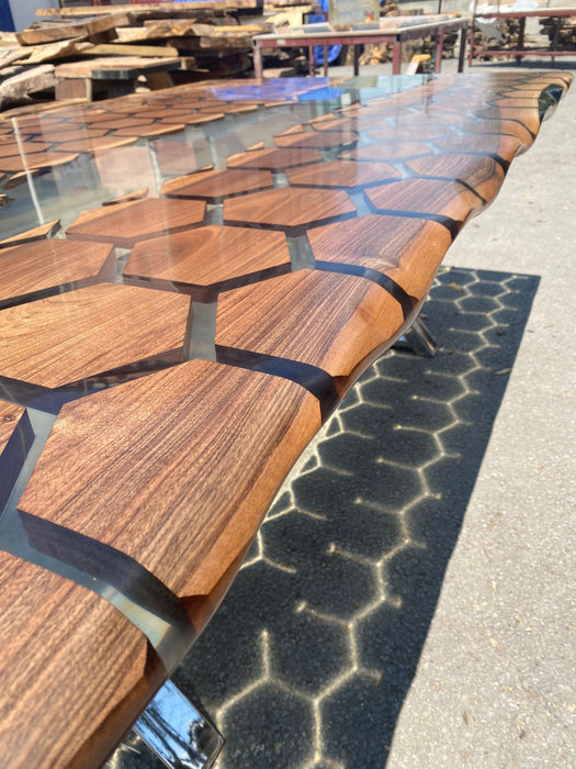 Custom 84” x 48” Walnut Clear Epoxy Table, Hexagon Honeycomb Table, Clear Resin Walnut Table, Handmade Epoxy Table, Unique Table for Cianna