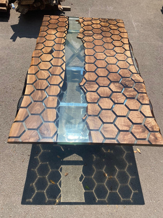 Custom 84” x 48” Walnut Clear Epoxy Table, Hexagon Honeycomb Table, Clear Resin Walnut Table, Handmade Epoxy Table, Unique Table for Cianna