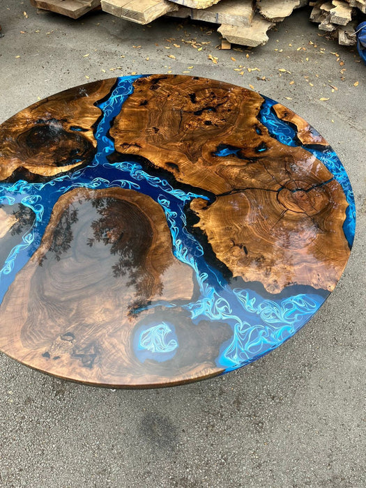 Custom 60” Diameter Round Table, Walnut Wood Ocean Shiny Blue with Waves Table, Epoxy Dining Table, Wooden Table, for Danielle J