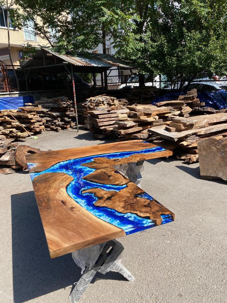 River L Shape Table, Custom 80” x 68” x 32” Walnut Wood Ocean Bljue Epoxy Office Desk Order for Brandon F