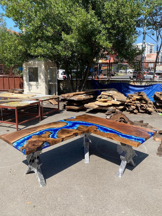 River L Shape Table, Custom 80” x 68” x 32” Walnut Wood Ocean Bljue Epoxy Office Desk Order for Brandon F