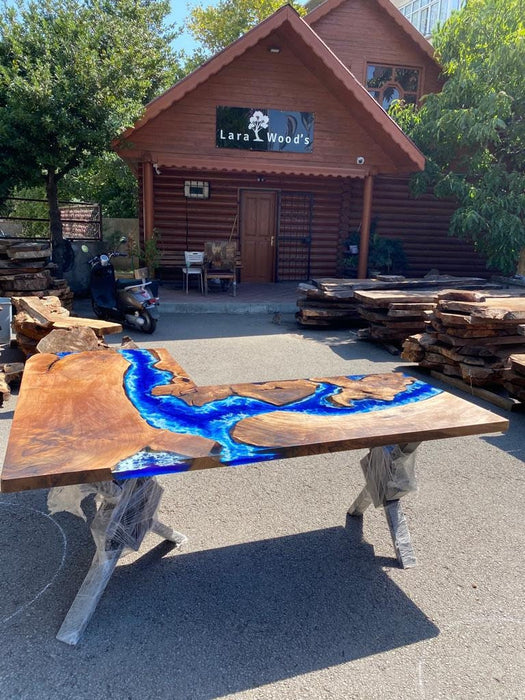 River L Shape Table, Custom 80” x 68” x 32” Walnut Wood Ocean Bljue Epoxy Office Desk Order for Brandon F