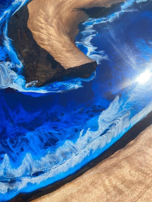 River L Shape Table, Custom 80” x 68” x 32” Walnut Wood Ocean Bljue Epoxy Office Desk Order for Brandon F