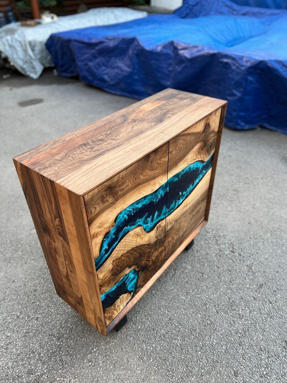 Custom 38” x 14” x 38” Epoxy Wood Credenza , Walnut Blue Epoxy Resin Cabinet, Blue River Credenza for Yohana