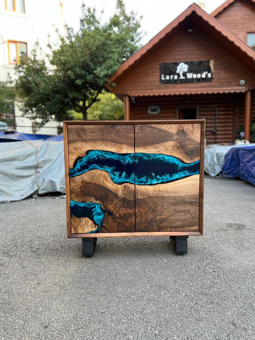 Custom 38” x 14” x 38” Epoxy Wood Credenza , Walnut Blue Epoxy Resin Cabinet, Blue River Credenza for Yohana