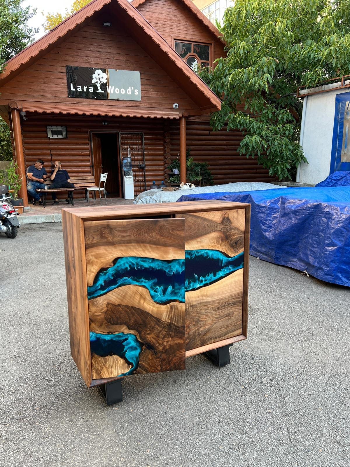 Custom 38” x 14” x 38” Epoxy Wood Credenza , Walnut Blue Epoxy Resin Cabinet, Blue River Credenza for Yohana