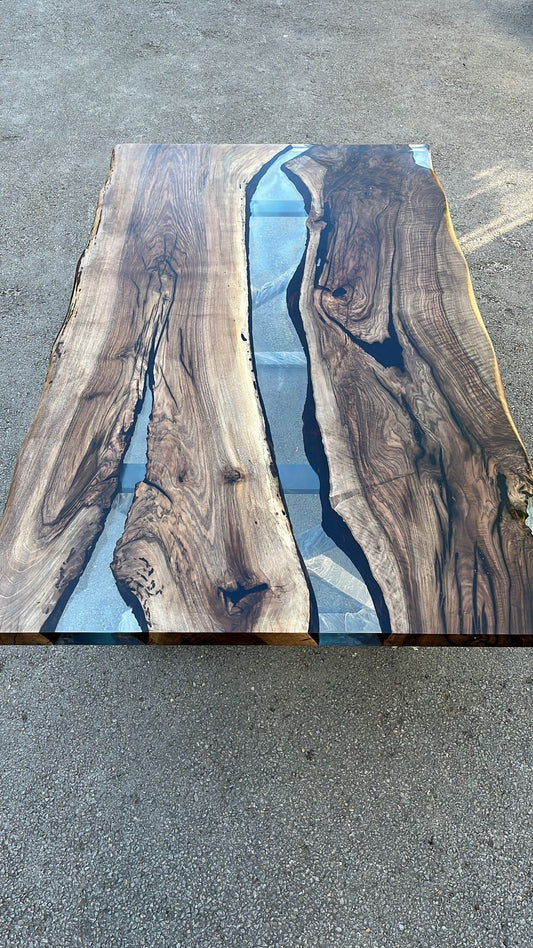 Custom 84” x 48” Walnut Smoke Gray Epoxy River Table Order for Krishawn 2