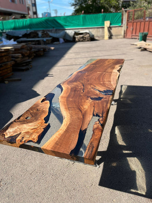 Custom 115” x 30” Walnut Smoke Gray Epoxy River Table Order for Krishawn