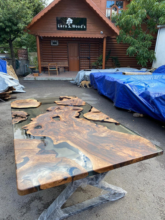 Epoxy Table, Epoxy Dining Table, Walnut Epoxy River Table, Custom 95” x 42” Walnut Smokey Gray Epoxy River Table Order for Joselin