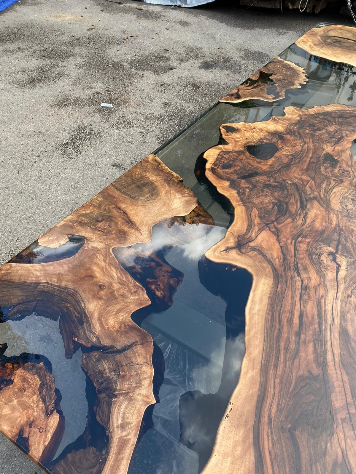 Epoxy Table, Epoxy Dining Table, Walnut Epoxy River Table, Custom 95” x 42” Walnut Smokey Gray Epoxy River Table Order for Joselin