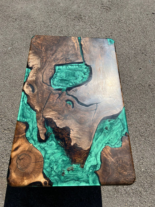 Live Edge Table, Custom 48” x 30" Walnut Wood Metallic Emerald Green Epoxy Table Order for Bryan W